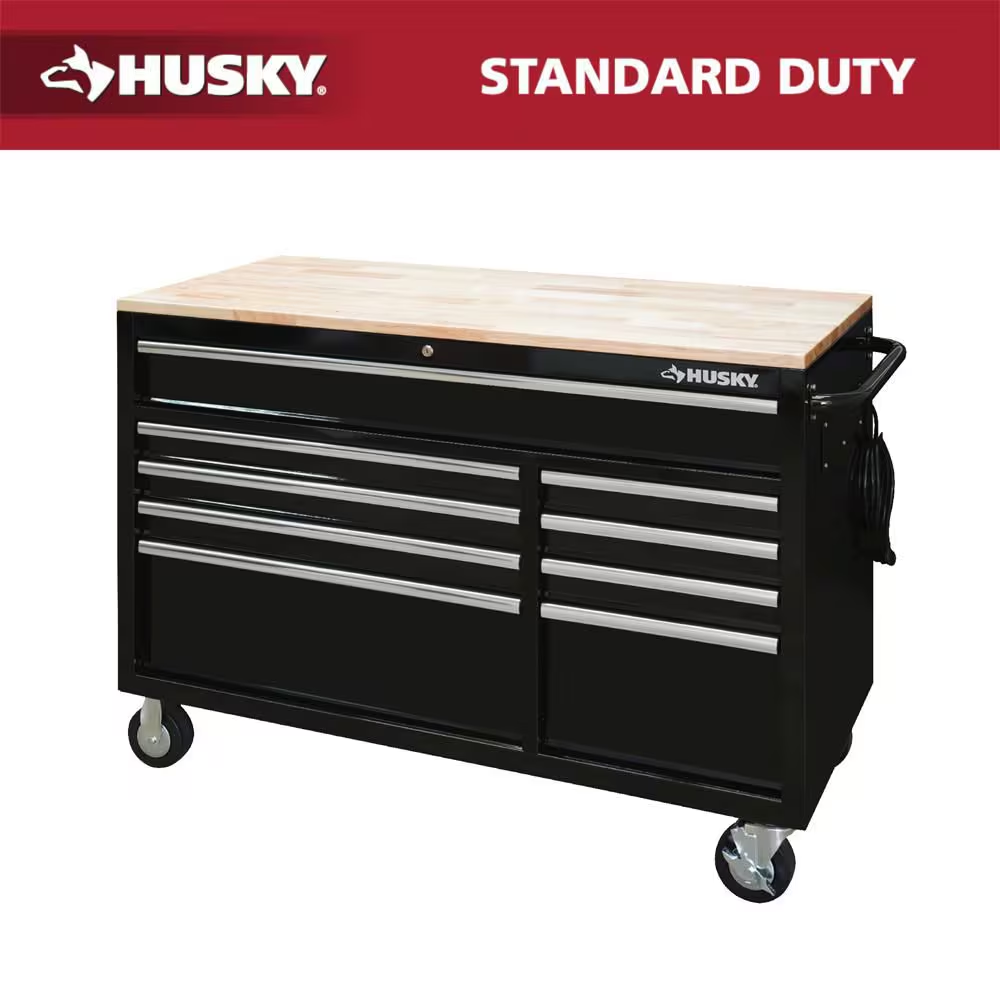 52 In. W X 25 In. D Heavy Duty 9-Drawer Mobile Workbench Cabinet with Adjustable-Height Hardwood Top in Matte Black
