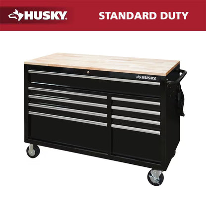 52 In. W X 25 In. D Heavy Duty 9-Drawer Mobile Workbench Cabinet with Adjustable-Height Hardwood Top in Matte Black