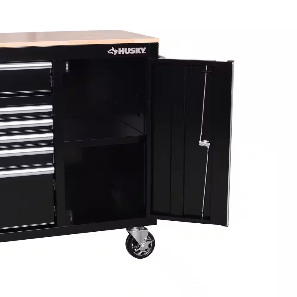Standard Duty 72 In. W X 20 In. D 10-Drawer Gloss Black Mobile Workbench Cabinet with Solid Wood Top