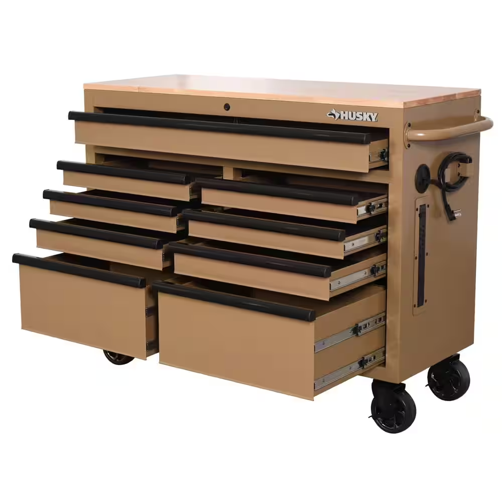 Standard Duty 46 In. W X 18 In. D 9-Drawer Gloss Tan Mobile Workbench Cabinet with Solid Wood Top