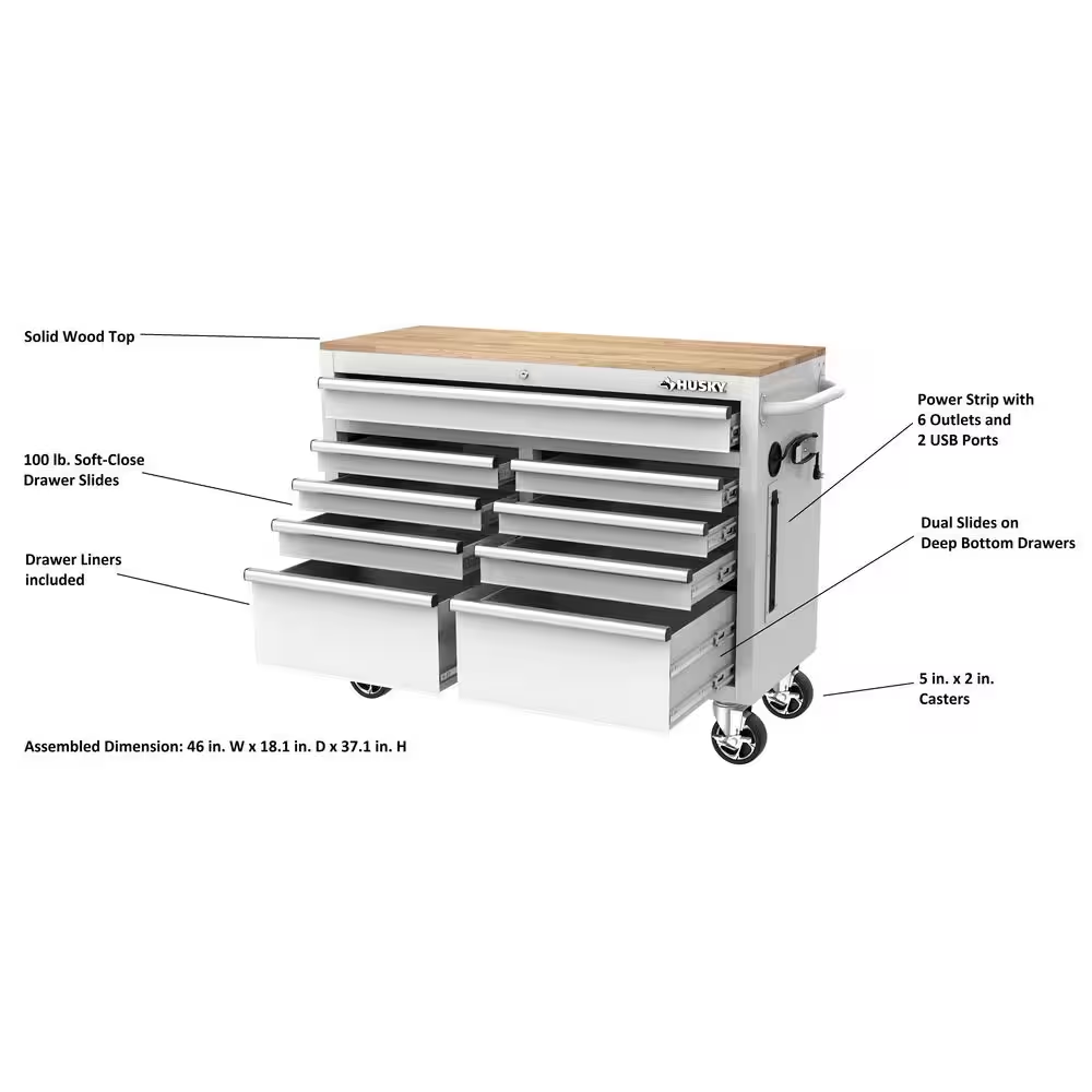 Tool Storage 46 In. W X 18 In. D 9-Drawer Gloss White Mobile Workbench Cabinet
