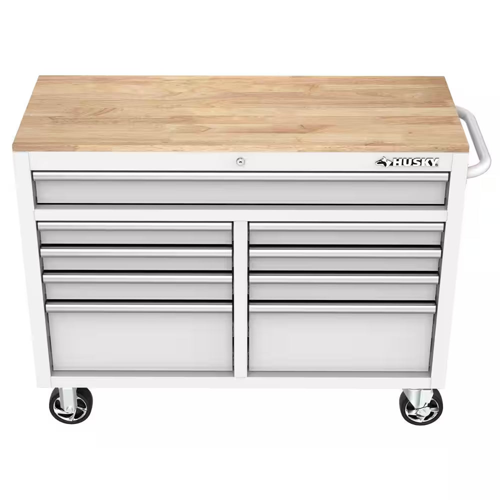 Tool Storage 46 In. W X 18 In. D 9-Drawer Gloss White Mobile Workbench Cabinet
