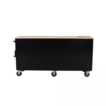 Standard Duty 72 In. W X 20 In. D 10-Drawer Gloss Black Mobile Workbench Cabinet with Solid Wood Top