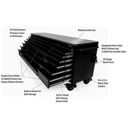 96 In. W X 24 In. D 16-Drawer Heavy-Duty Mobile Workbench with Stainless Steel Top in Matte Black