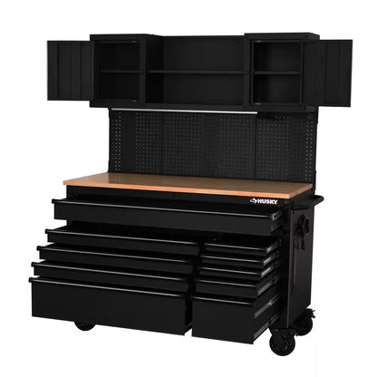 56 In. W X 27.6 In. D 10-Drawer Matte Black Heavy-Duty Mobile Workbench with Pegboard and Top Cabinets