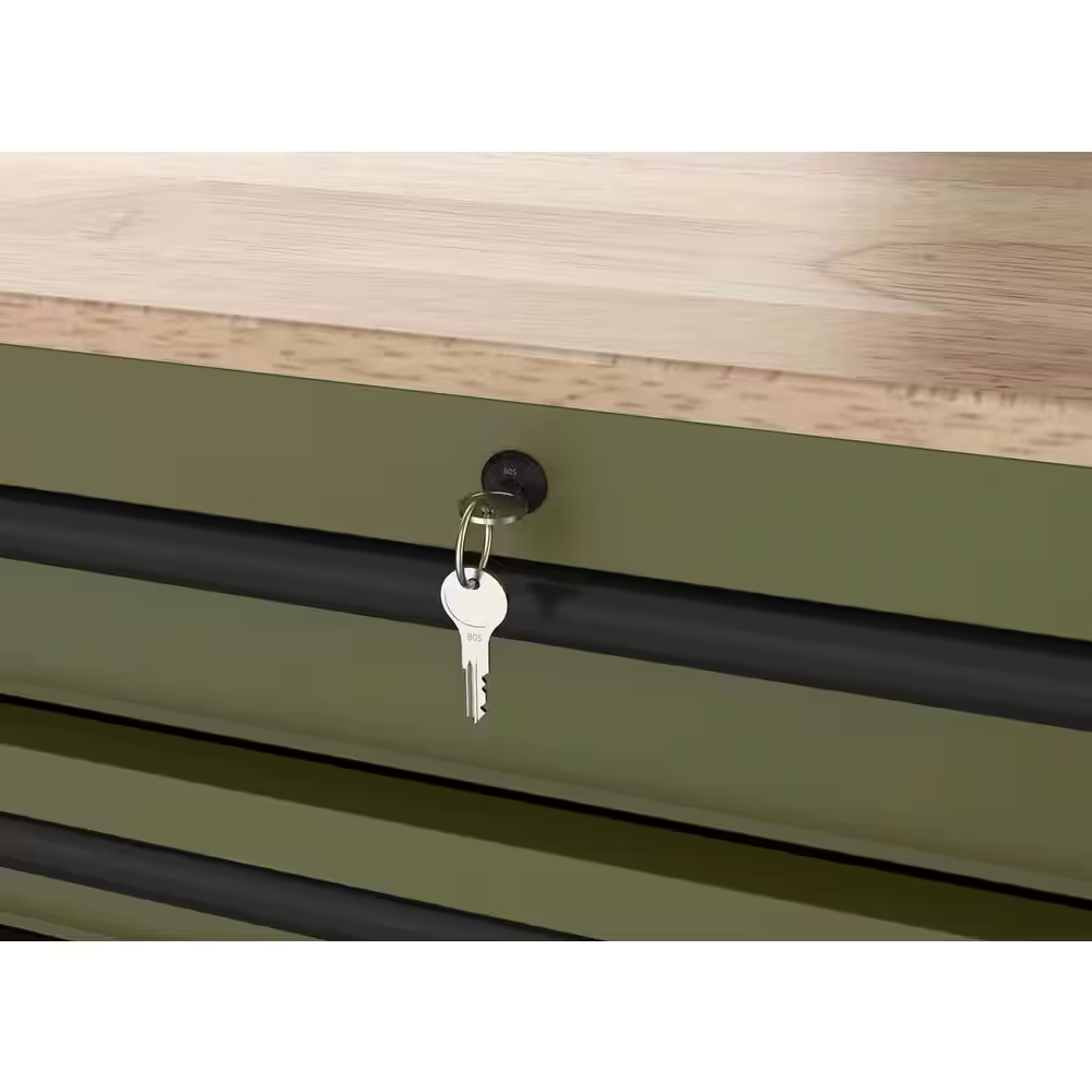 Standard-Duty 52 In. W 10-Drawer Matte Army Green Mobile Workbench Cabinet with Solid Wood Top