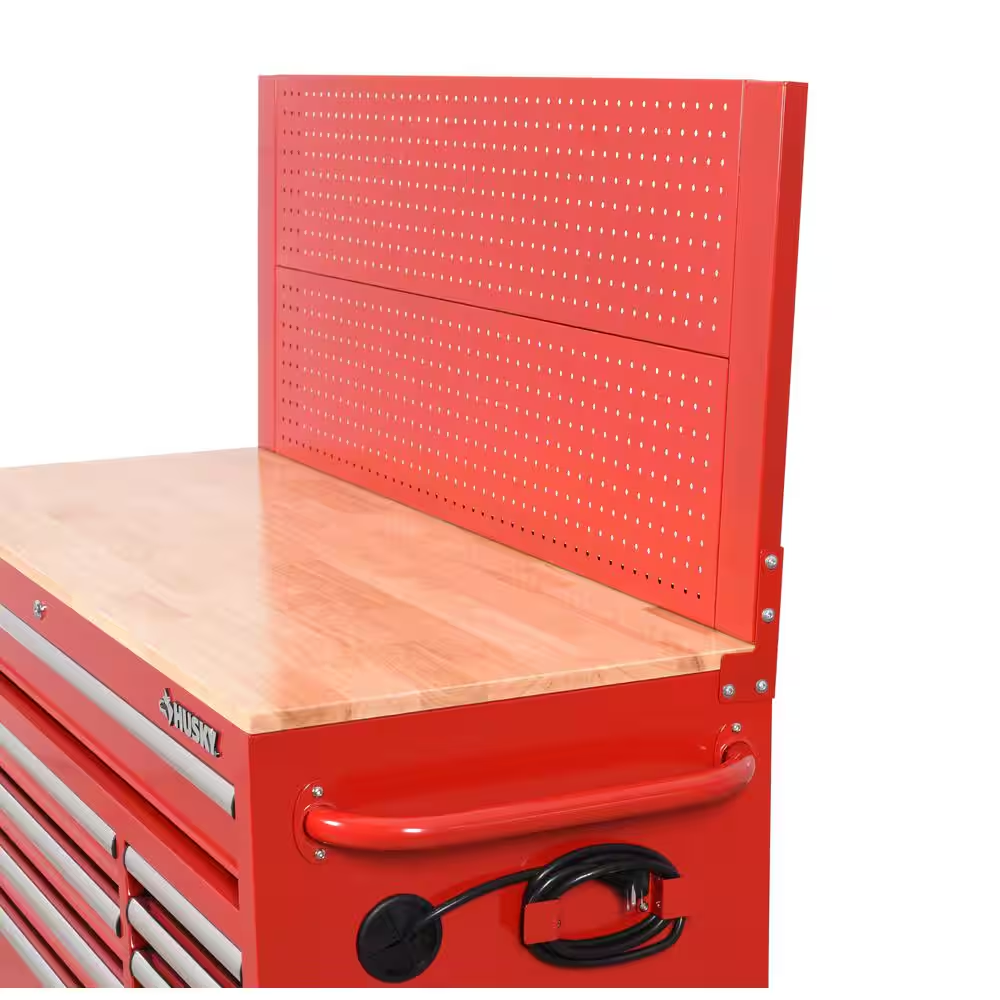52 In. W 10-Drawer Gloss Red Mobile Workbench Cabinet with Solid Wood Top and Pegboard
