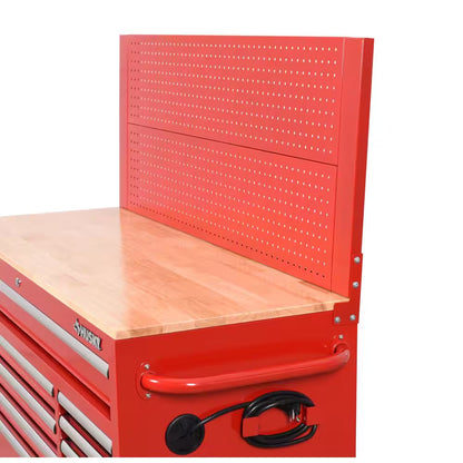 52 In. W 10-Drawer Gloss Red Mobile Workbench Cabinet with Solid Wood Top and Pegboard