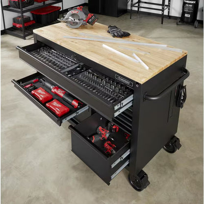 52 In. W X 25 In. D Heavy Duty 9-Drawer Mobile Workbench Cabinet with Adjustable-Height Hardwood Top in Matte Black