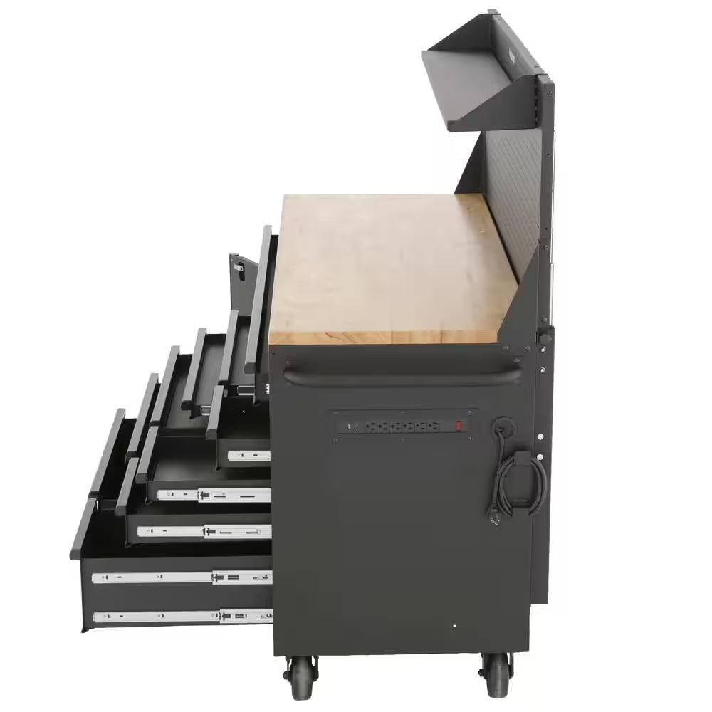 61 In. W X 26 In. D Heavy Duty 10-Drawer 1-Door Mobile Workbench with Hardwood Top, Pegboard and Shelf in Matte Black