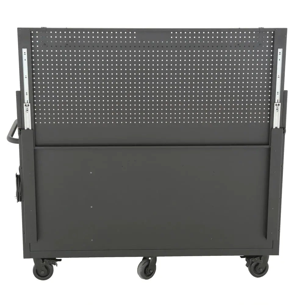 61 In. W X 26 In. D Heavy Duty 10-Drawer 1-Door Mobile Workbench with Hardwood Top, Pegboard and Shelf in Matte Black