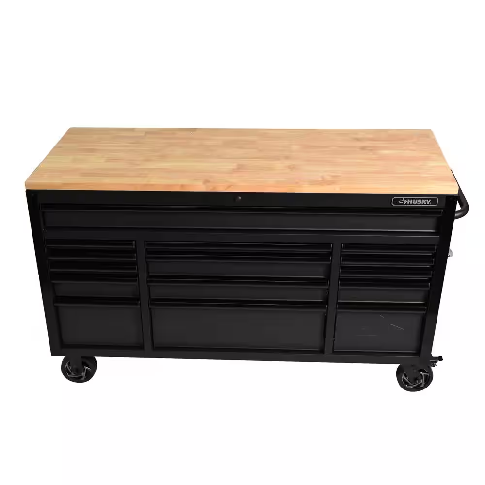 61 In. W X 23 In. D Heavy Duty 15-Drawer Mobile Workbench Tool Chest with Solid Wood Top in Matte Black