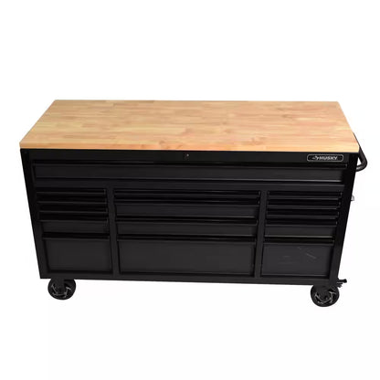 61 In. W X 23 In. D Heavy Duty 15-Drawer Mobile Workbench Tool Chest with Solid Wood Top in Matte Black