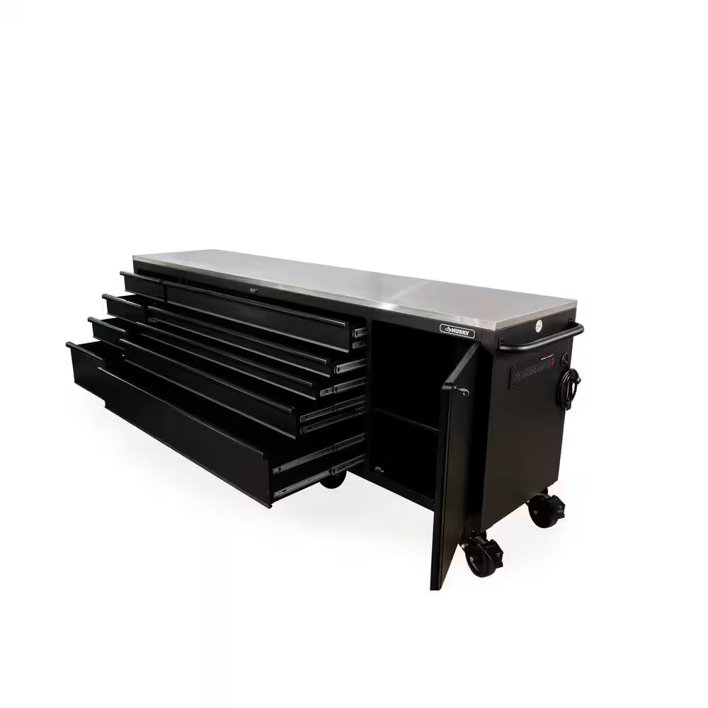 108 In. W X 24 In. D 9-Drawer Heavy-Duty Mobile Workbench with Stainless Steel Top in Matte Black